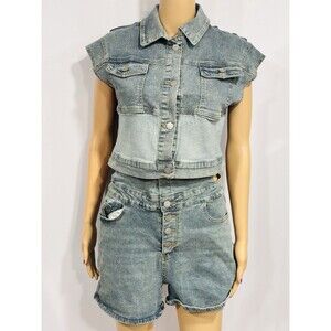 Y2K Washed Denim 2 Piece Outfit Sleeveless Top Fold Over Jean Shorts Blue Sz L